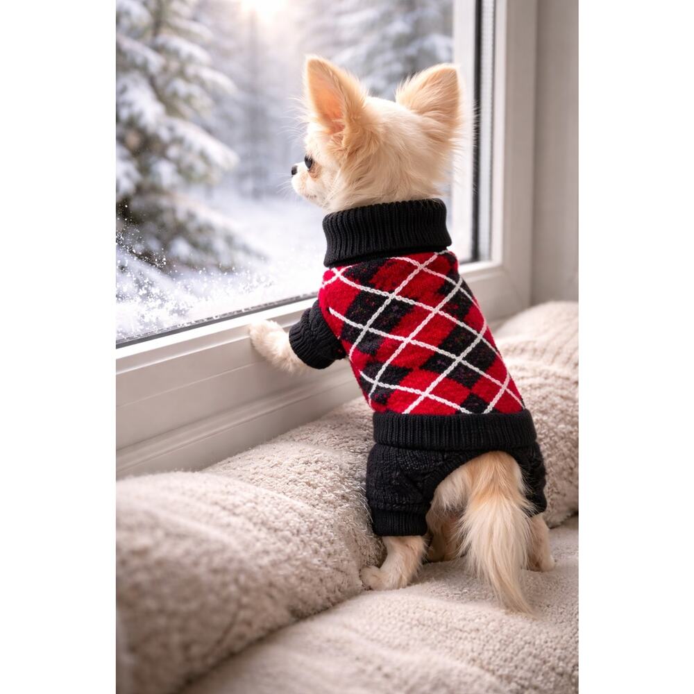 Max's Closet Red Black Argyle Dog Sweater with Rear Legs Size 10 Cozy Knit